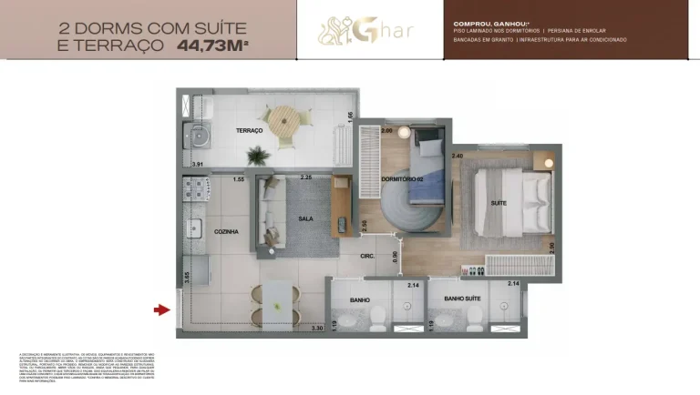 Planta de apartamento 2 dormitórios com suíte e terraço 44 m² no Mirae Bom Retiro