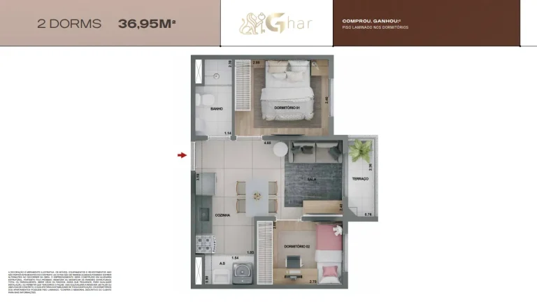 Planta de apartamento 2 dormitórios com terraço e 36 m² no Mirae Bom Retiro