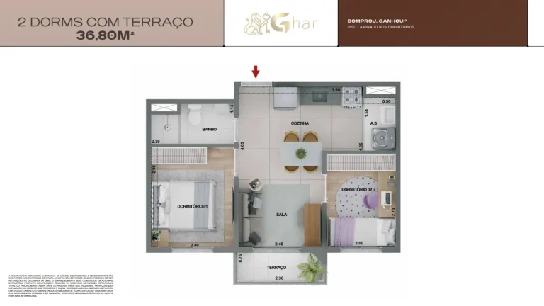Planta de apartamento 2 dormitórios com terraço de 36 m² no Mirae Bom Retiro