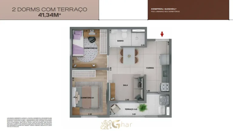 Planta de apartamento 2 dormitórios com terraço de 41 m² no Mirae Bom Retiro