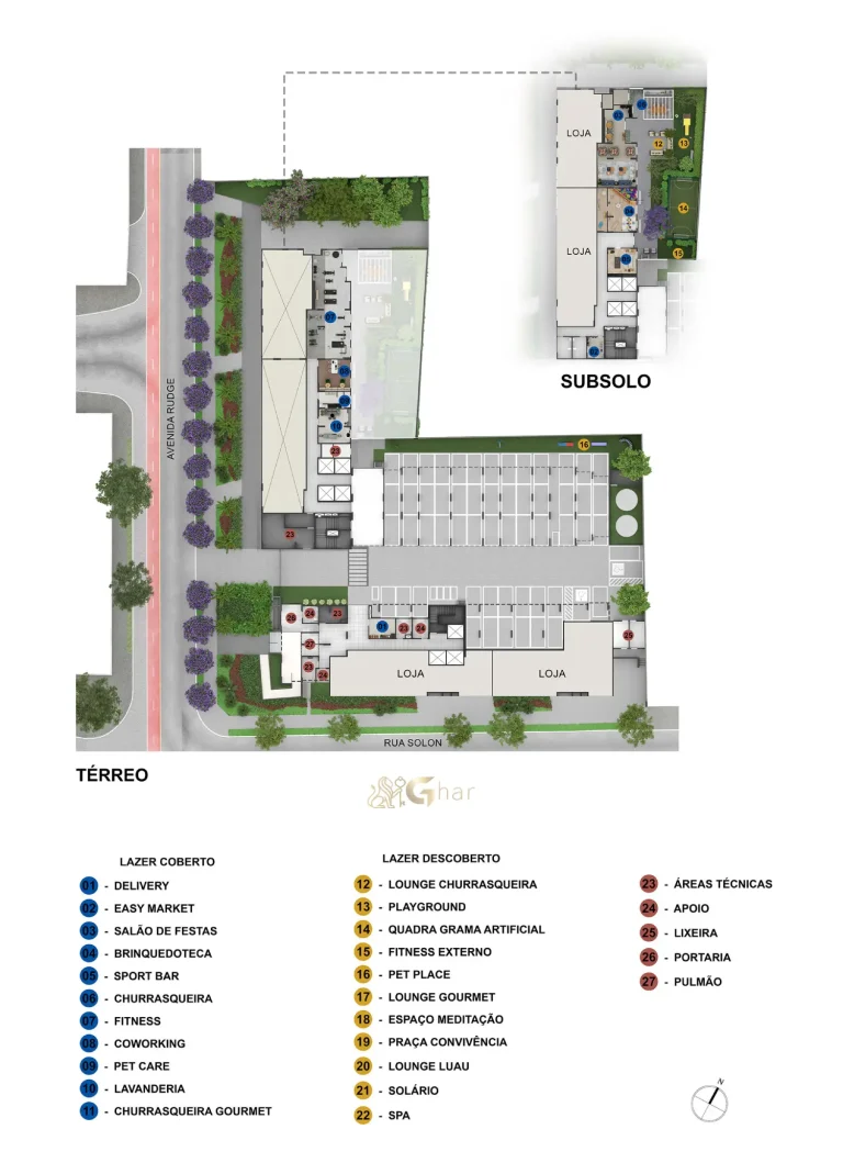 Planta de implantação do lazer do condomínio Mirae Bom Retiro