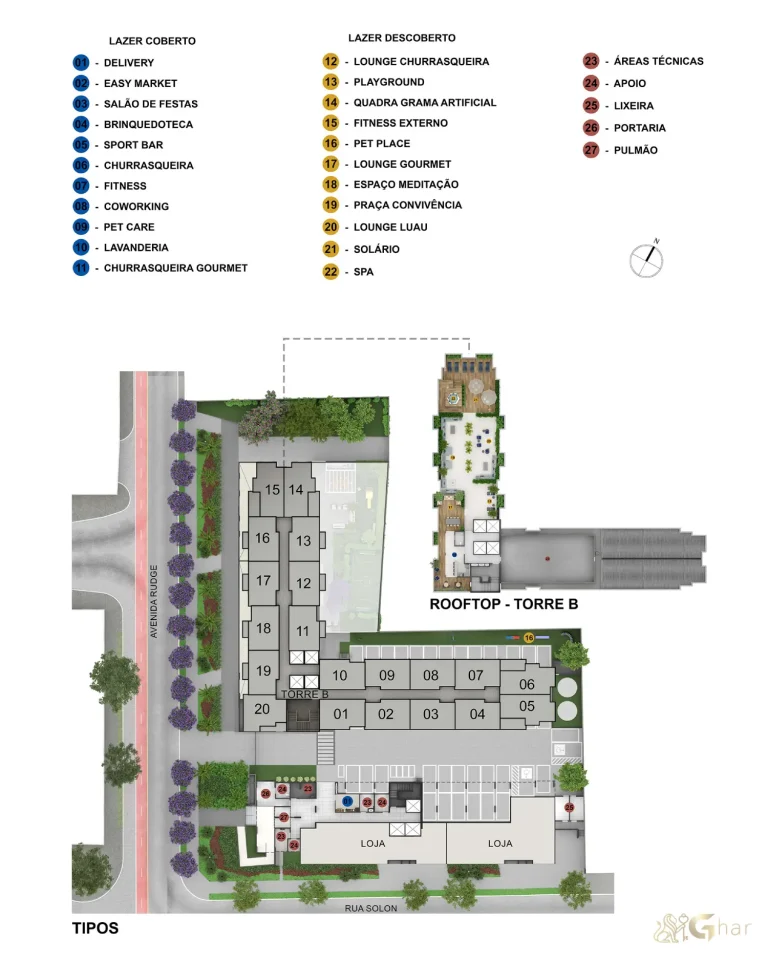 Planta de implantação do lazer no térreo e rooftop do Mirae Bom Retiro