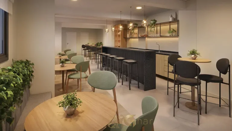 Salão de festas do condomínio Modern Mooca com espaço amplo para eventos