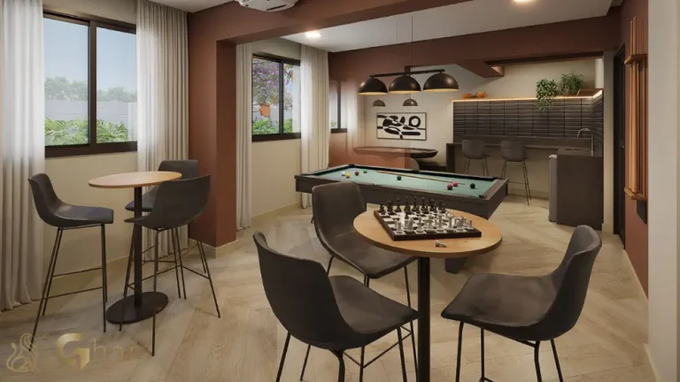 Salão de jogos do condomínio Modern Mooca com espaço para entretenimento