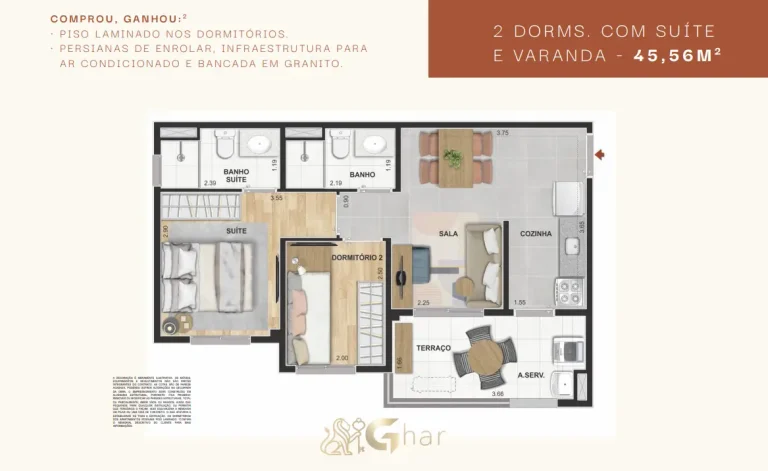 Planta do apartamento Modern Mooca com 2 dormitórios, suíte e varanda de 45 m²