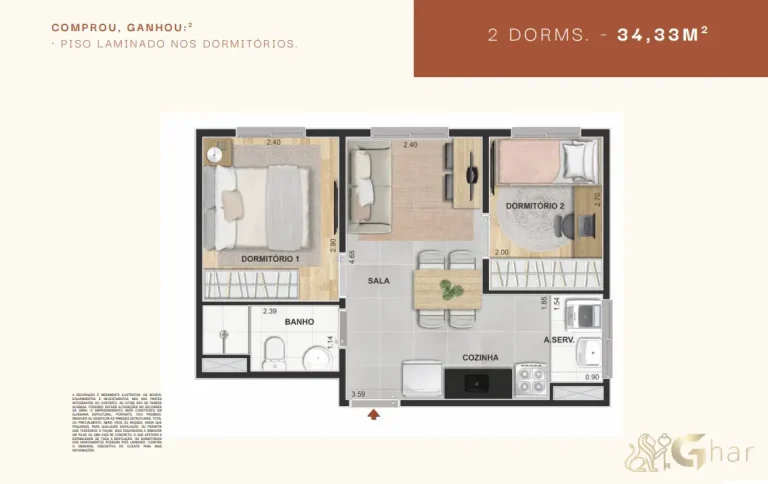 Planta do apartamento Modern Mooca com 2 dormitórios e 34 m²