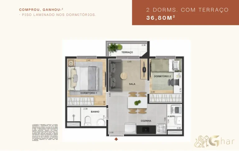 Planta do apartamento Modern Mooca com 2 dormitórios e terraço de 36 m²