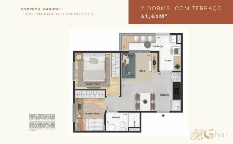 Planta do apartamento Modern Mooca com 2 dormitórios e terraço de 41 m²