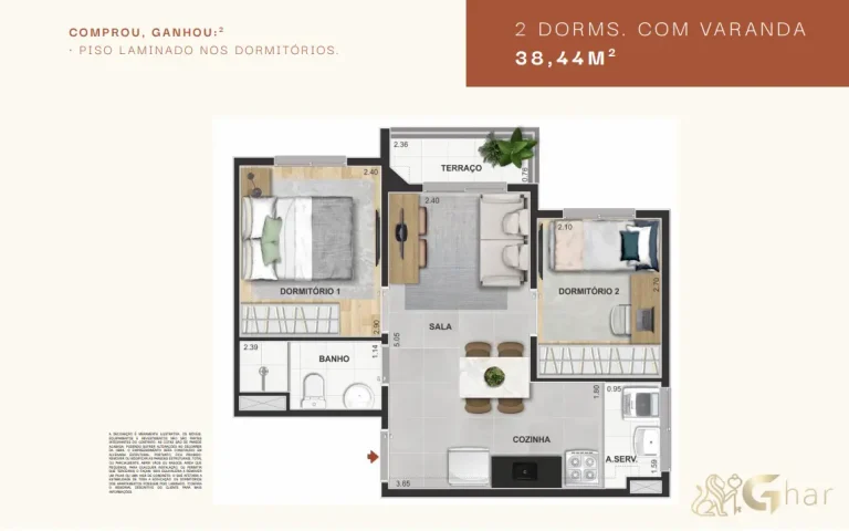 Planta do apartamento Modern Mooca com 2 dormitórios e varanda de 38 m²