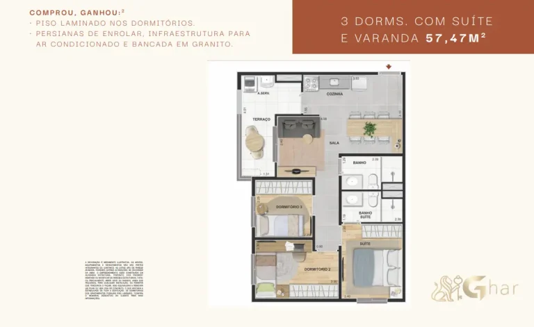 Planta do apartamento Modern Mooca com 3 dormitórios, suíte e varanda de 57 m²
