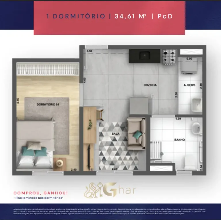 Planta de apartamento 1 dormitório PCD de 34,61 m² no My Sacomã