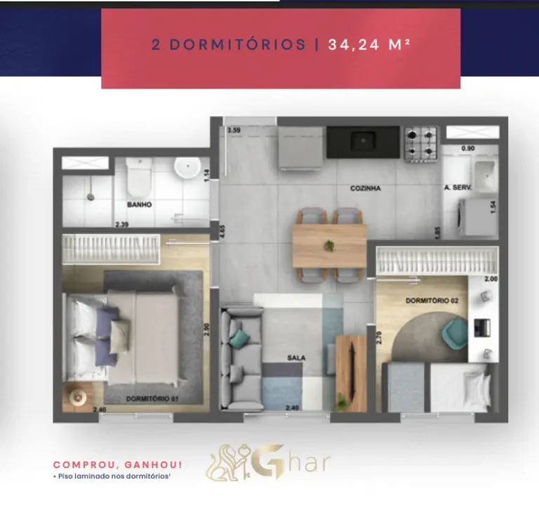 Planta de apartamento 2 dormitórios de 34,24 m² no My Sacomã
