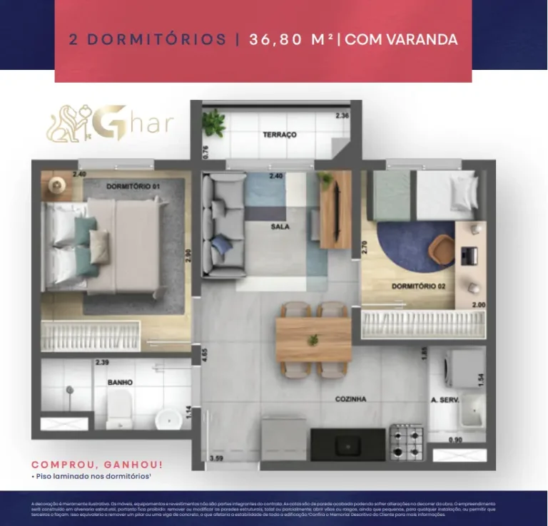 Planta de apartamento 2 dormitórios com varanda de 36,80 m² no My Sacomã