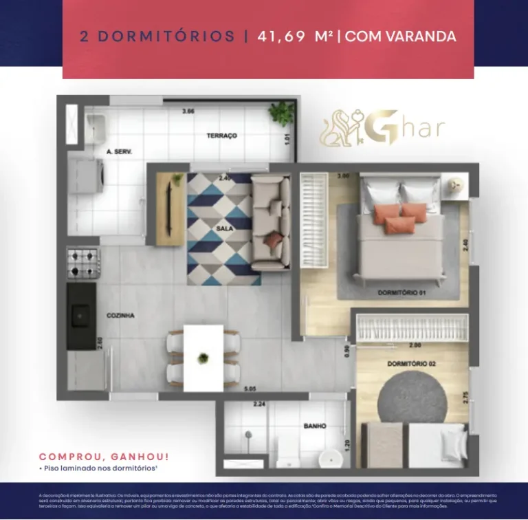 Planta de apartamento 2 dormitórios com varanda de 41,69 m² no My Sacomã