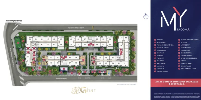 Planta de implantação do térreo com áreas de lazer do condomínio My Sacomã no Sacomã