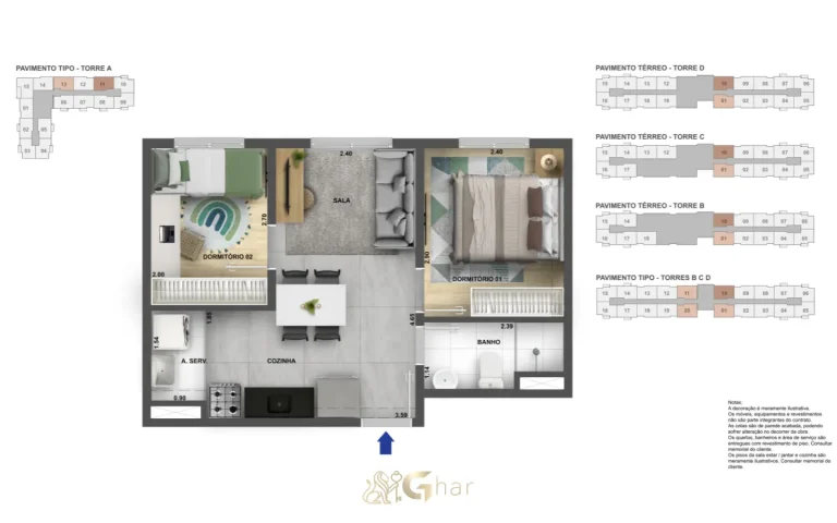 Planta do apartamento de 2 dormitórios 34 m² do Neo Sacomã