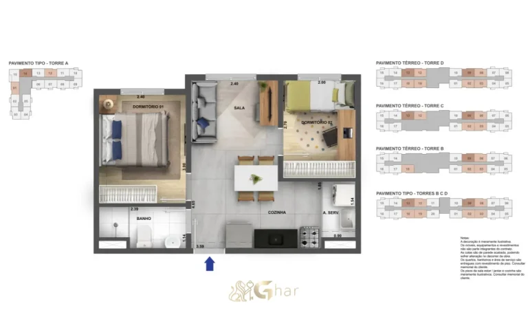 Planta do apartamento de 2 dormitórios 35 m² do Neo Sacomã em São Paulo