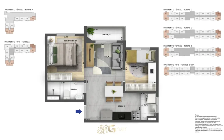 Planta do apartamento de 2 dormitórios 37 m² do Neo Sacomã no Sacomã
