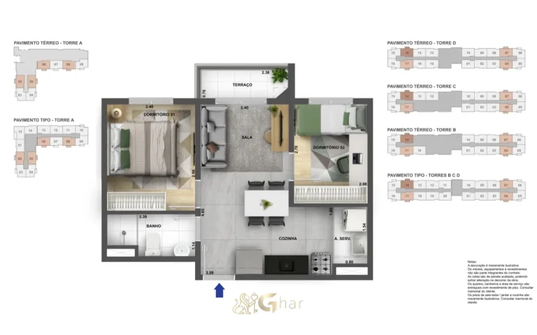 Planta do apartamento de 2 dormitórios 37 m² com terraço no Neo Sacomã