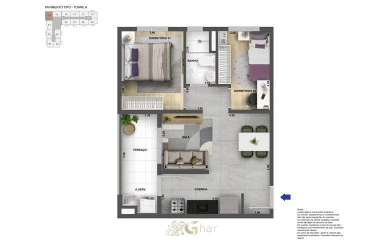 Planta do apartamento de 2 dormitórios 43 m² do Neo Sacomã