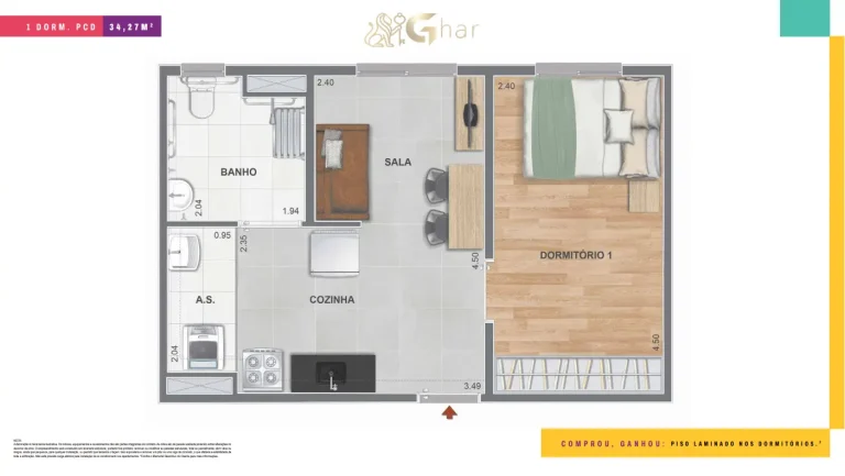 Planta de apartamento 1 dormitório PCD do Nord Residencial São Miguel 2 com 34 m²