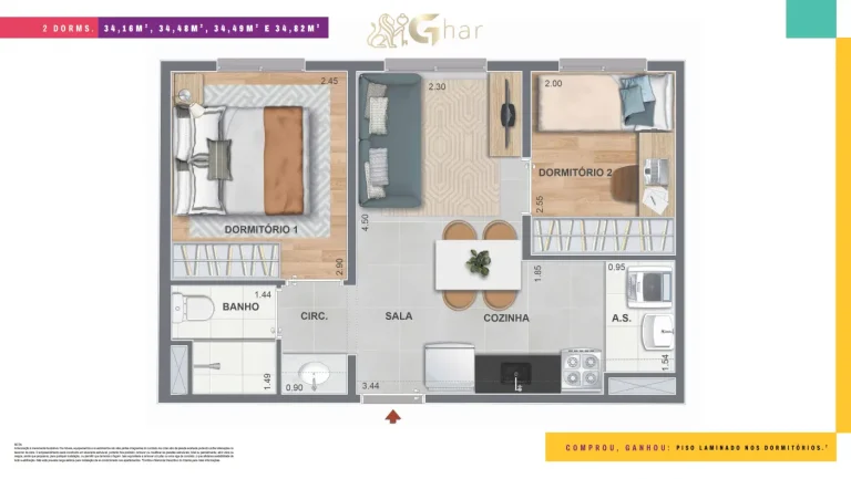 Planta de apartamento 2 dormitórios do Nord Residencial São Miguel 2 com 34 m²