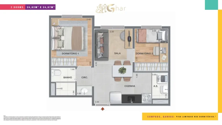 Planta de apartamento 2 dormitórios do Nord Residencial São Miguel 2 com 34 m²