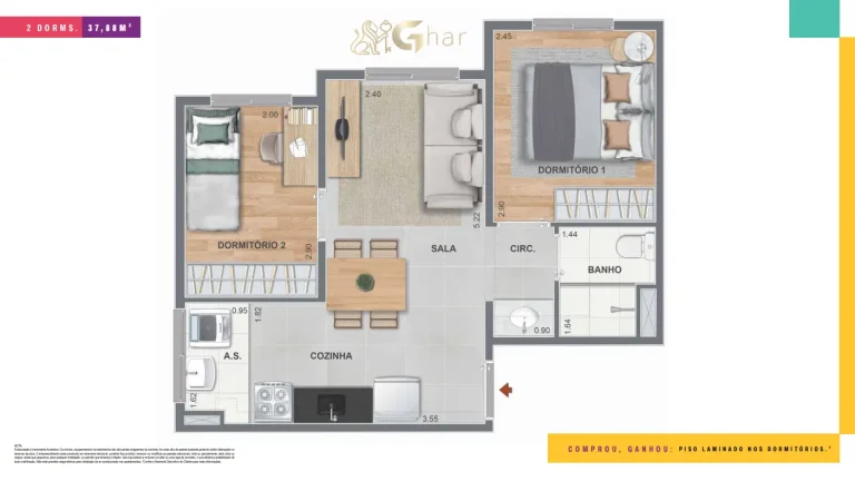 Planta de apartamento 2 dormitórios do Nord Residencial São Miguel 2 com 37 m²
