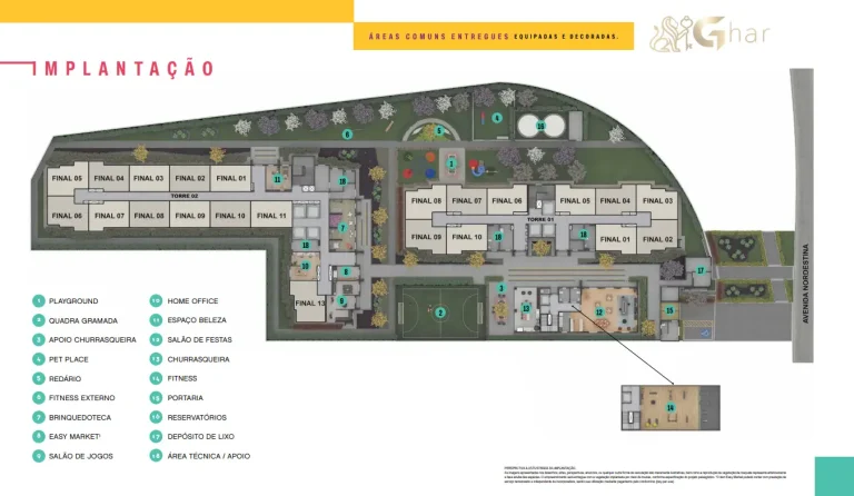 Planta de implantação do térreo com lazer do Nord Residencial São Miguel 2
