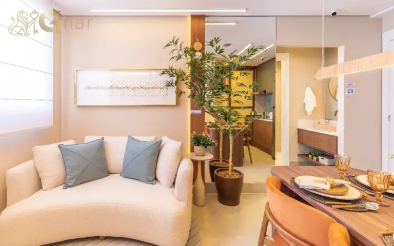 Sala de estar living do apartamento decorado do Nord Residencial São Miguel
