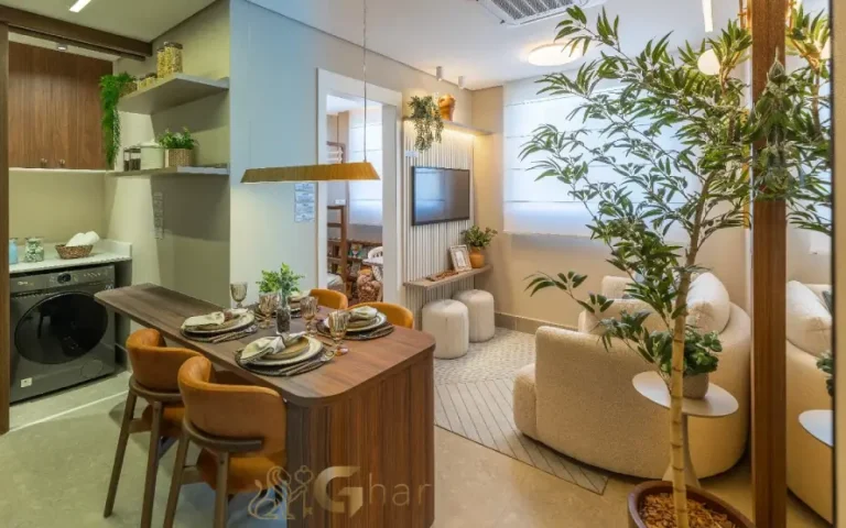 Sala de estar e jantar do apartamento decorado do Nord Residencial São Miguel