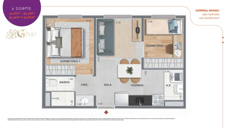 Planta de apartamento 2 dormitórios do Nord Residencial São Miguel com 34 a 35 m²