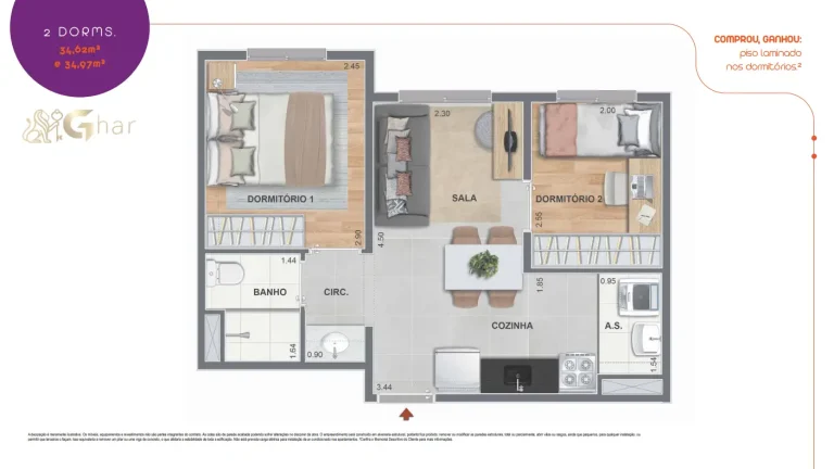 Planta de apartamento 2 dormitórios do Nord Residencial São Miguel com 34,62 a 34,97 m²