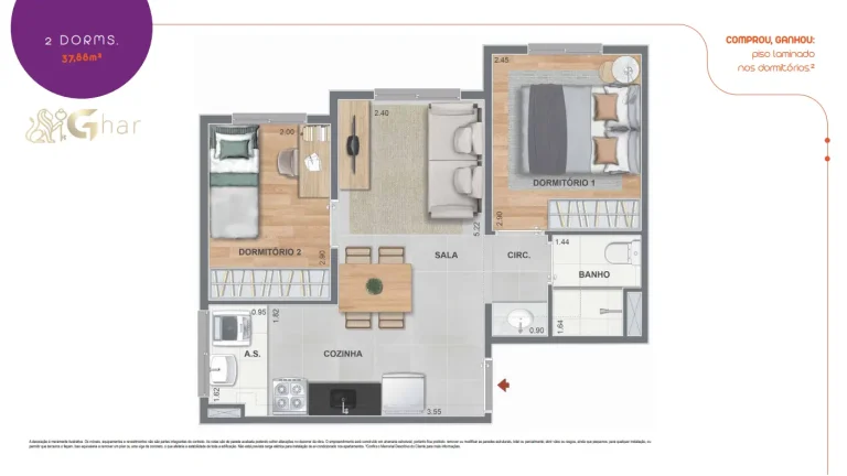 Planta de apartamento 2 dormitórios do Nord Residencial São Miguel com 37,88 m²