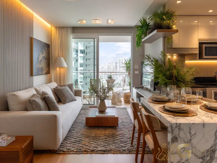 Apartamento decorado do Novo Mundo Carrão com sala de estar integrada à varanda