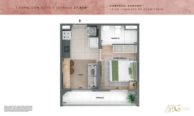 Planta de apartamento 1 dormitório com suíte e terraço no Novo Mundo Carrão de 27,89 m²