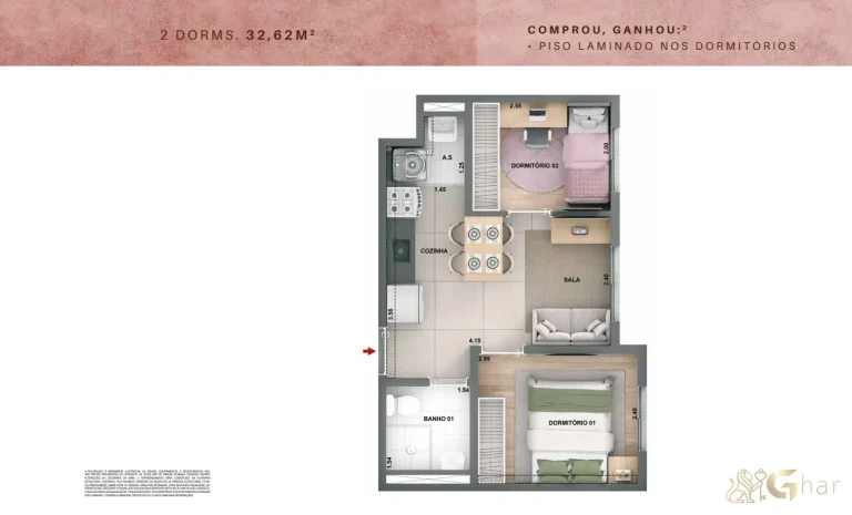 Planta de apartamento 2 dormitórios no Novo Mundo Carrão com 32,62 m²