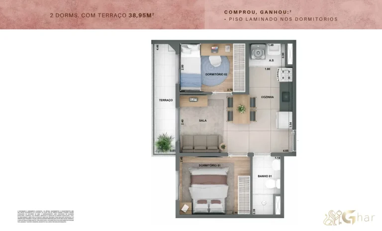 Planta de apartamento 2 dormitórios com terraço no Novo Mundo Carrão de 38,95 m²