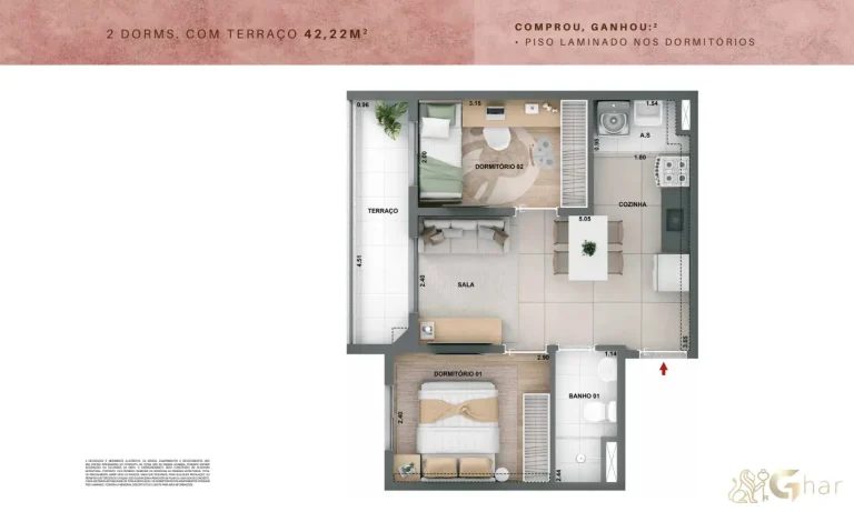 Planta de apartamento 2 dormitórios com terraço no Novo Mundo Carrão de 42,22 m²