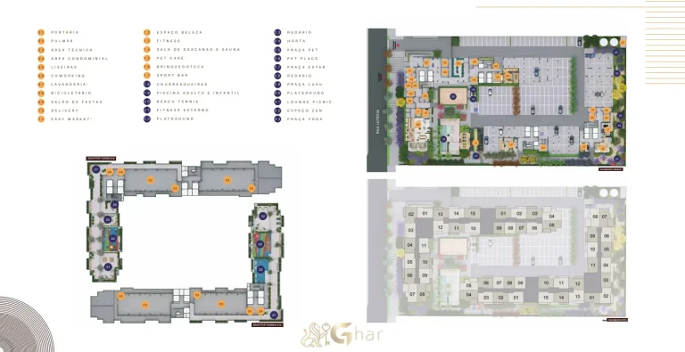 Planta de implantação do térreo e rooftop do condomínio Novo Mundo Carrão