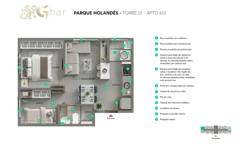 Planta do apartamento Parque Holandês torre 01 unidade 601 Cidade Ademar SP