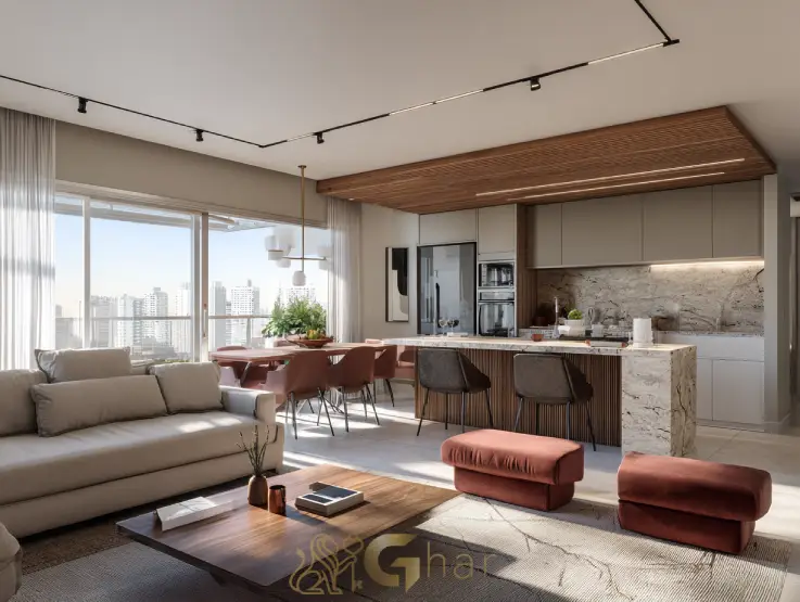 Apartamento decorado do Praça Santo Antônio em Santo Amaro com sala de estar, jantar e cozinha integradas