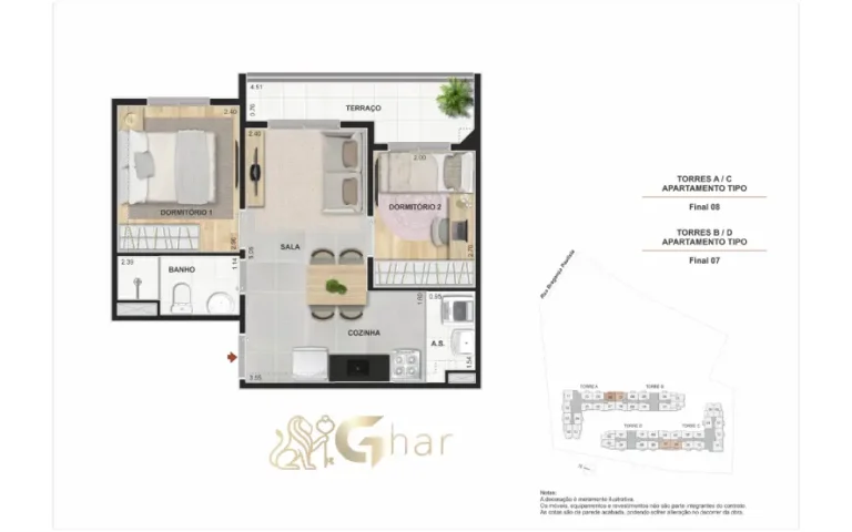 Planta do apartamento tipo do Praça Santo Antônio em Santo Amaro com 2 dormitórios