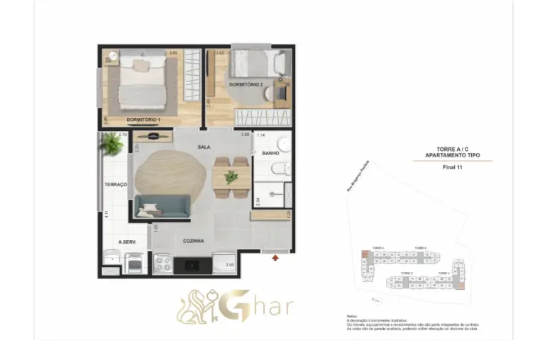 Planta do apartamento tipo do Praça Santo Antônio em Santo Amaro com varanda
