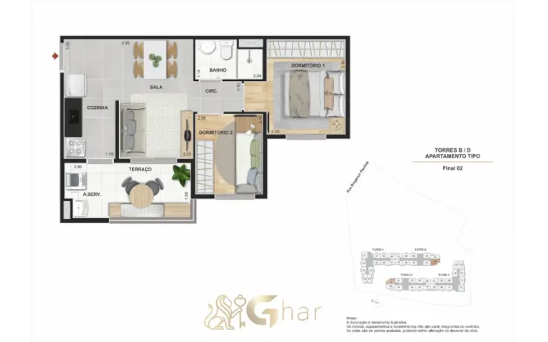 Planta do apartamento tipo do Praça Santo Antônio em Santo Amaro com variação de metragem