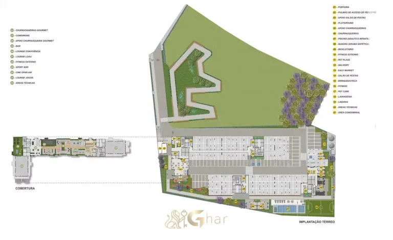 Planta de implantação do condomínio Praça Santo Antônio em Santo Amaro com térreo e cobertura