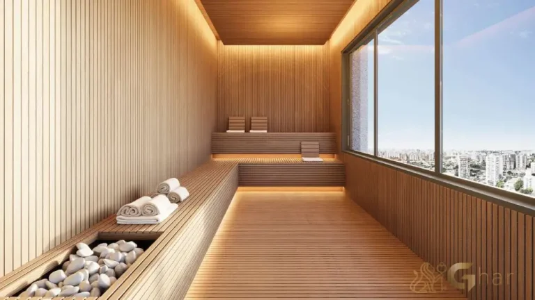 Sauna seca do condomínio Quintessence Campo Belo com espaço de relaxamento