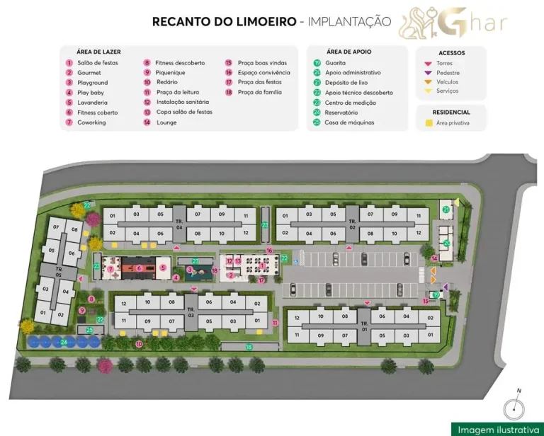 Implantação do térreo e lazer do condomínio Recanto do Limoeiro no Limão SP