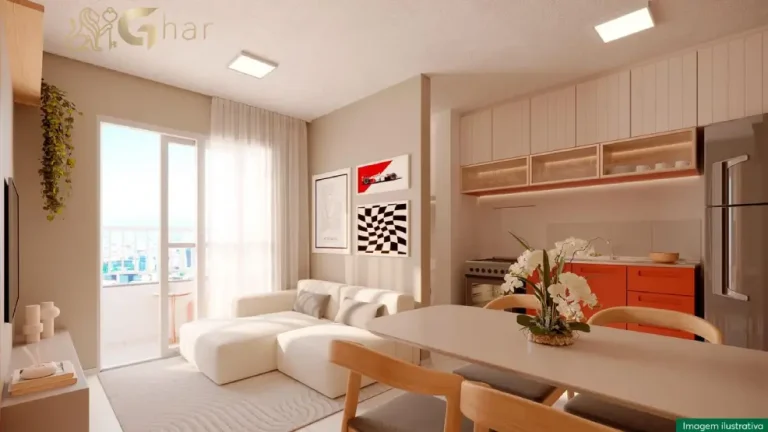 Sala de estar e jantar do apartamento decorado do Residencial Estoril em Interlagos