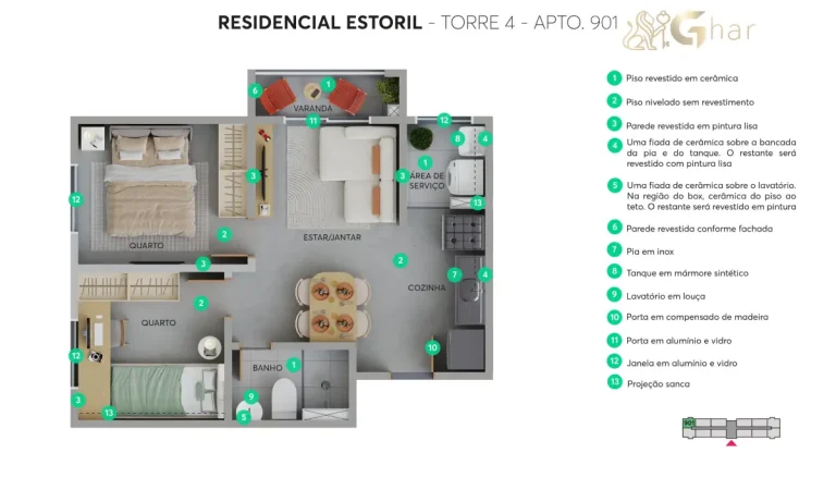 Planta do apartamento torre 4 unidade 901 do Residencial Estoril em Interlagos